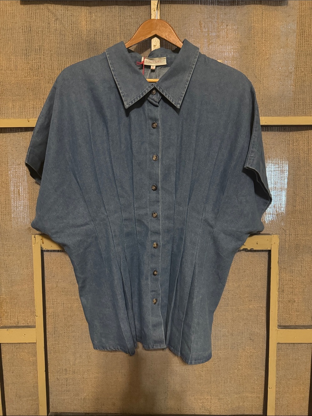 Solitaire Denim-Look Short Sleeve Button Down Shirt - Blue